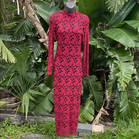 Burgundy floral lace mash semi sheer dress - Picture 1 of 6
